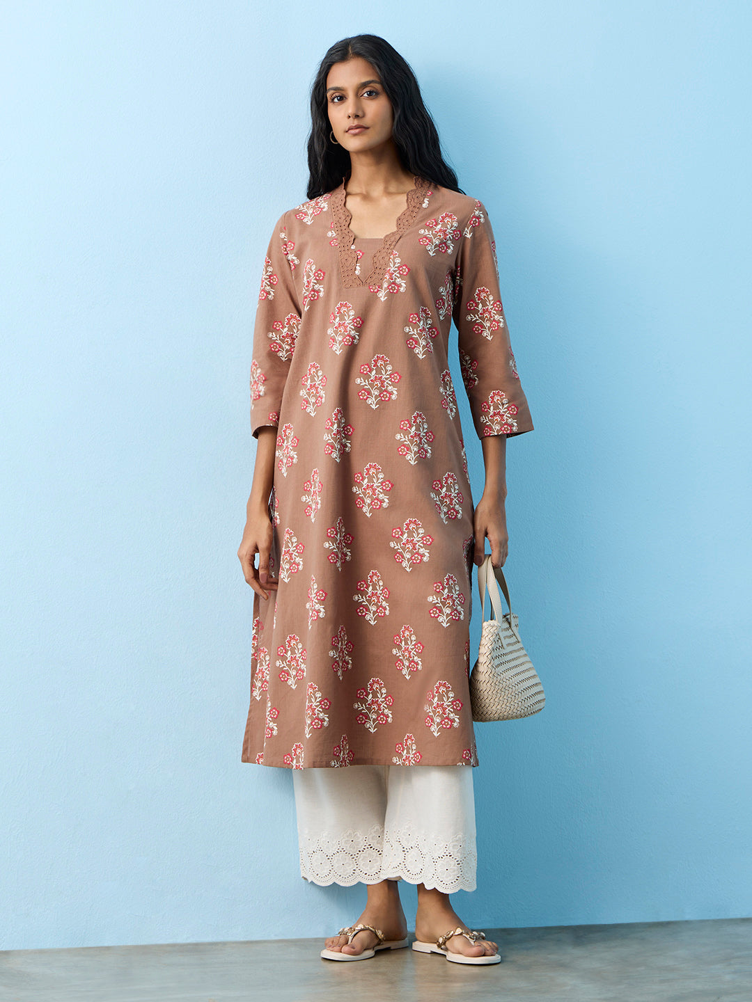 Utsa Light Brown Floral Printed Cotton A-Line Kurta
