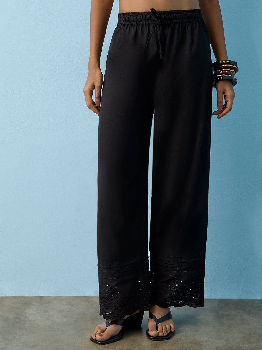 Utsa Black Schiffli Embroidered Cotton-Blend Pants