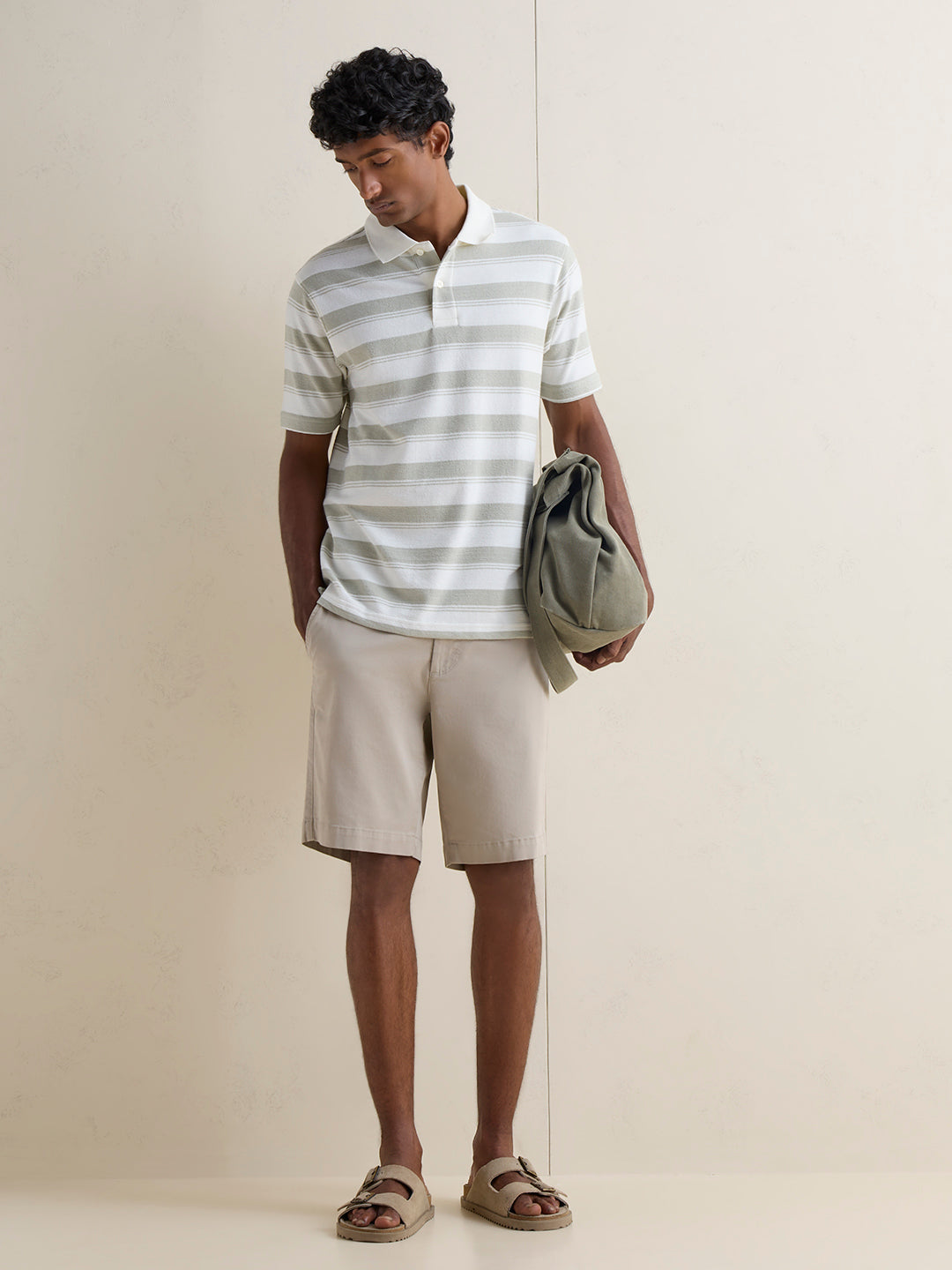WES Casuals Sage Striped Relaxed-Fit Cotton Polo T-Shirt