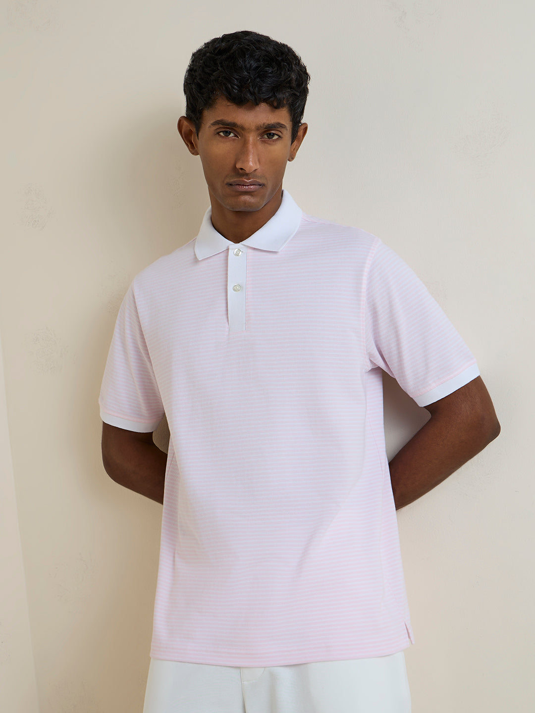 WES Casuals Light Pink Striped Relaxed-Fit Cotton-Blend Polo T-Shirt