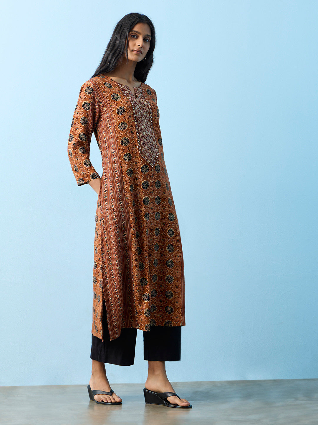 Utsa Rust Printed A-Line Kurta