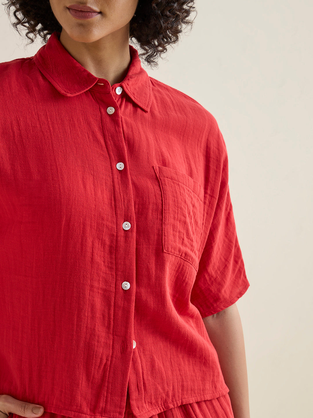 Wunderlove Red Crinkle Textured Cotton Beach Shirt