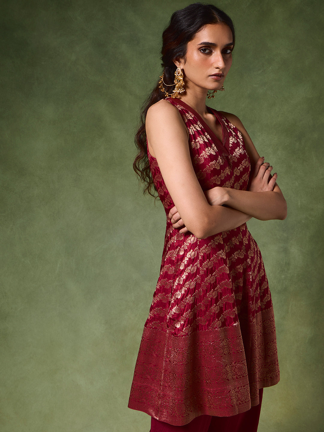 Jacquard A-Line Kurta – Red