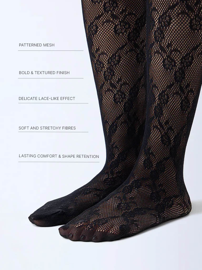 Superstar Black Floral Lace Detailed Fishnet Stockings