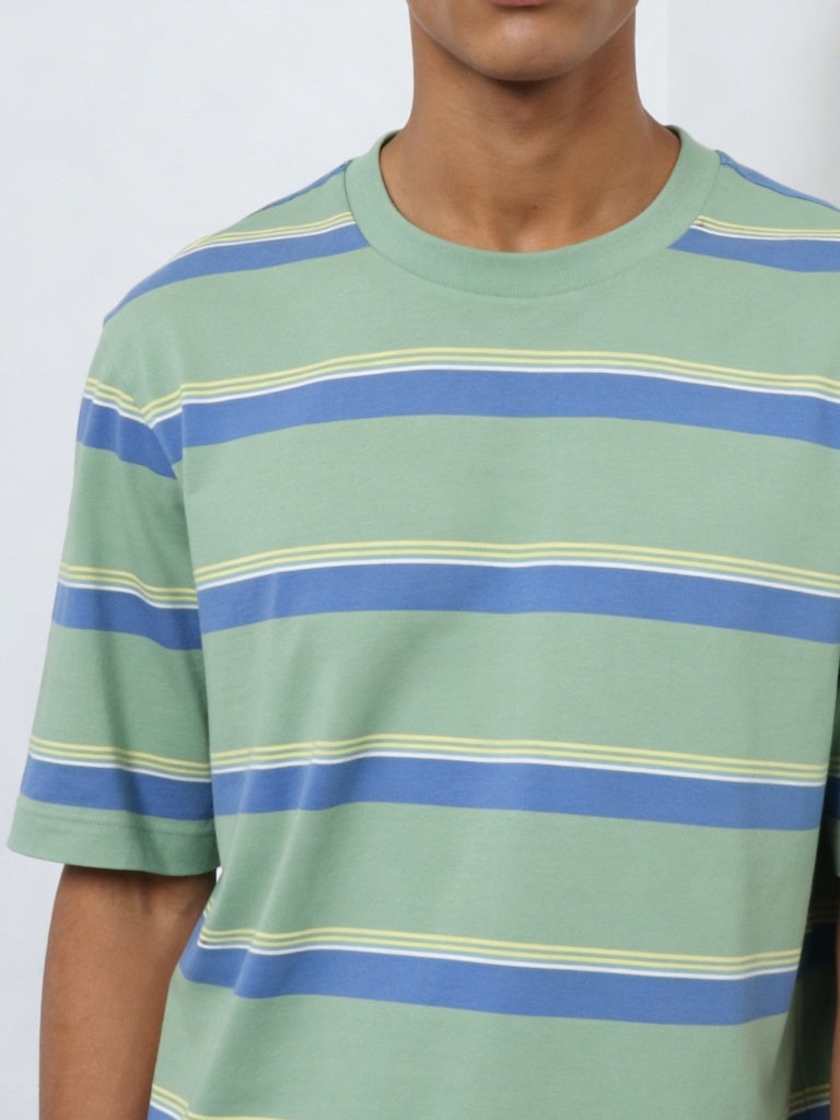 WES Casuals Green Striped Relaxed-Fit Swimwear T-Shirt