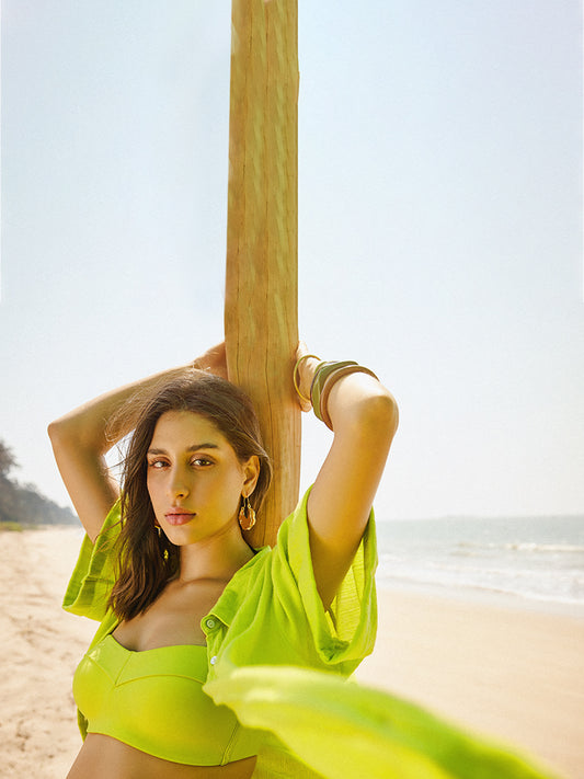 Wunderlove Lime Crinkled Relaxed Beach Shirt