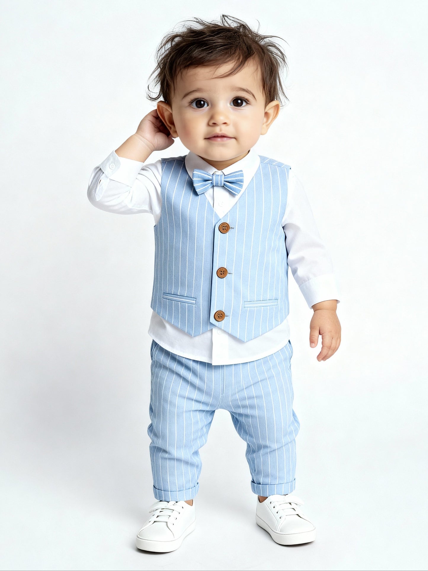 HOP Baby Blue Striped Cotton Waistcoat, Shirt, Pants and Bow Set