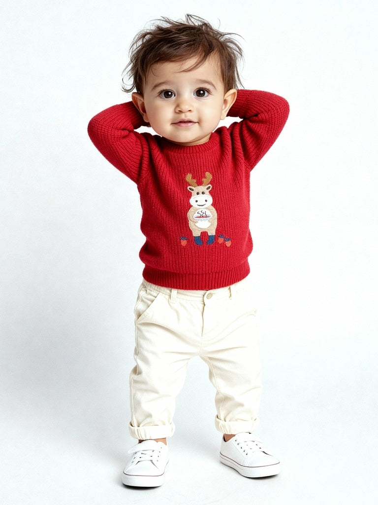 HOP Baby Boys Red Animal Cotton Embroidered Sweater