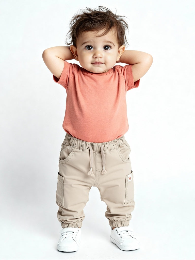 HOP Baby Boys Taupe Mid-Rise Cotton-Blend Joggers