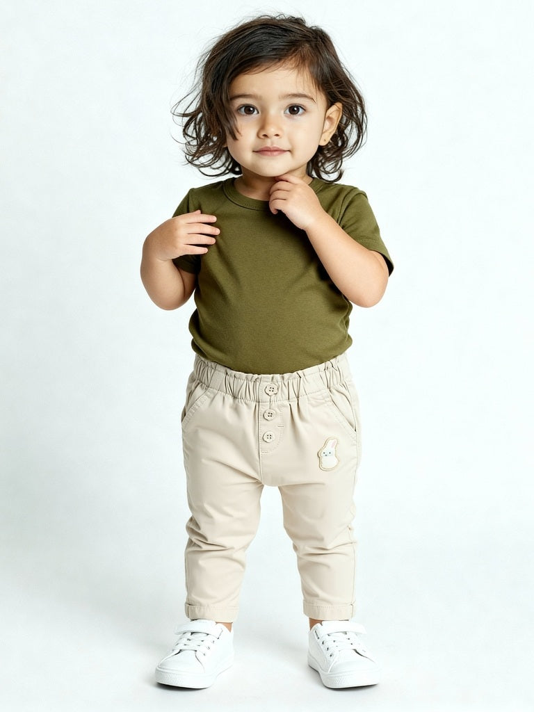 HOP Baby Girls Beige High-Rise Cotton-Blend Pants