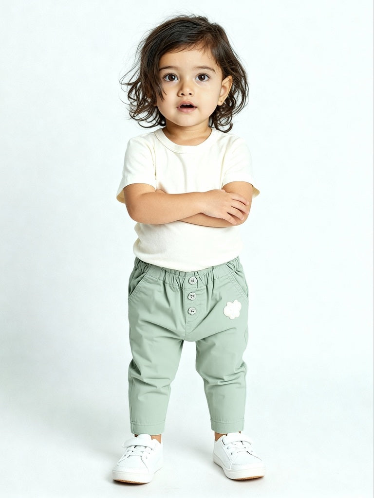 HOP Baby Girls Sage Solid High-Rise Cotton-Blend Pants