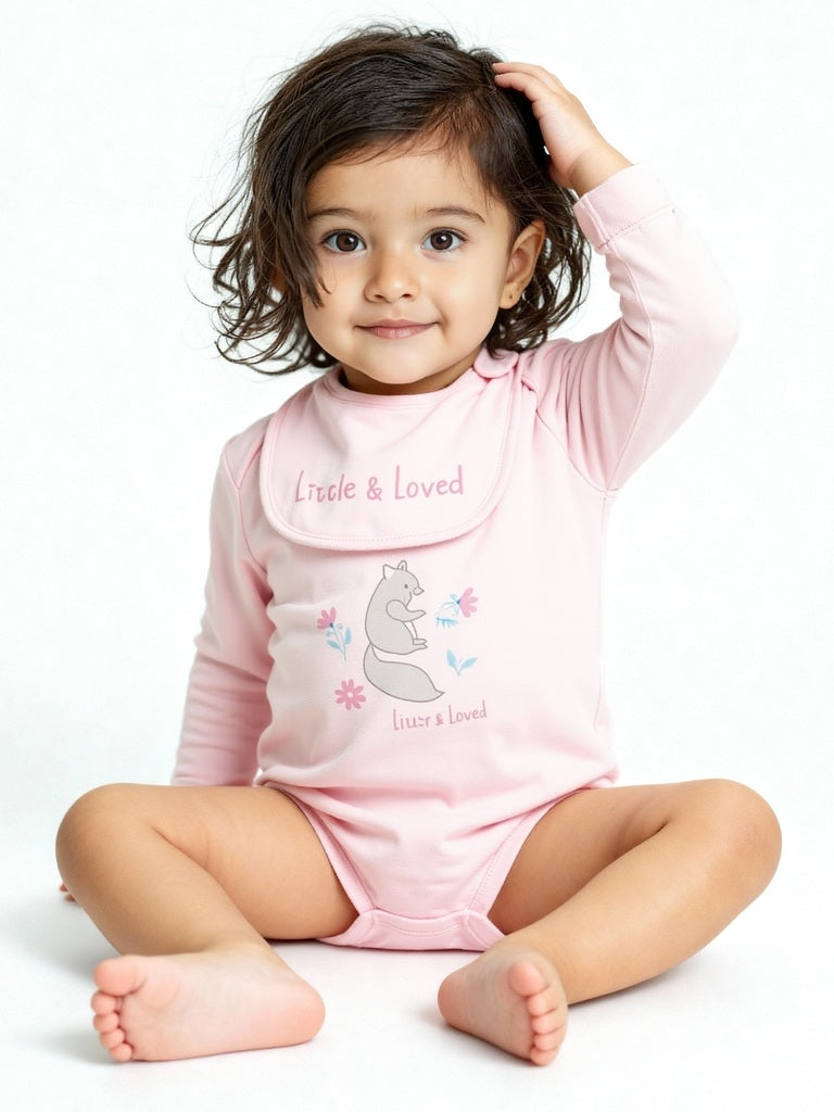 HOP Baby Pink Printed Cotton Rompers and Bib - Pack of 2