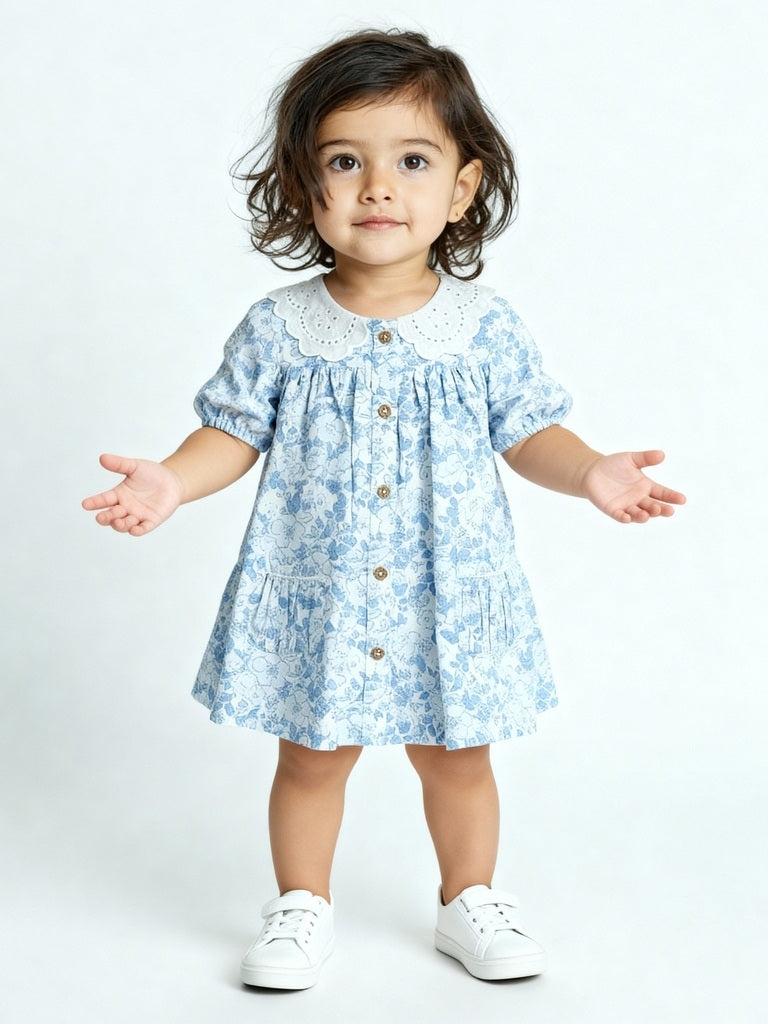 HOP Baby Girls Blue Floral Detailed Cotton A-Line Dress