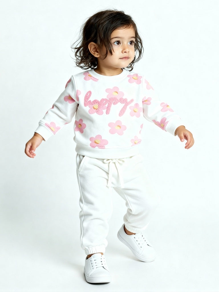 HOP Baby White Floral Cotton-Blend Sweatshirt and Pants Set