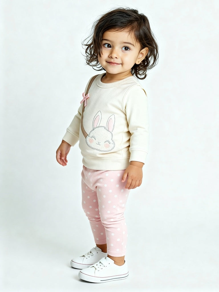 HOP Baby Off-White Bunny Design Cotton-Blend Sweatshirt and Pants Set