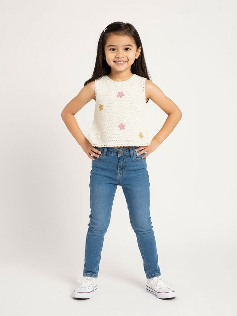 HOP Kids Off-White Floral Embroidered Cotton Top