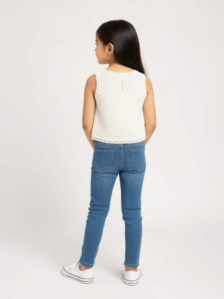 HOP Kids Off-White Floral Embroidered Cotton Top