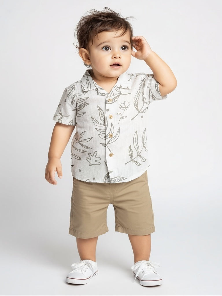 HOP Baby Boys White Botanical Printed Cotton Shirt