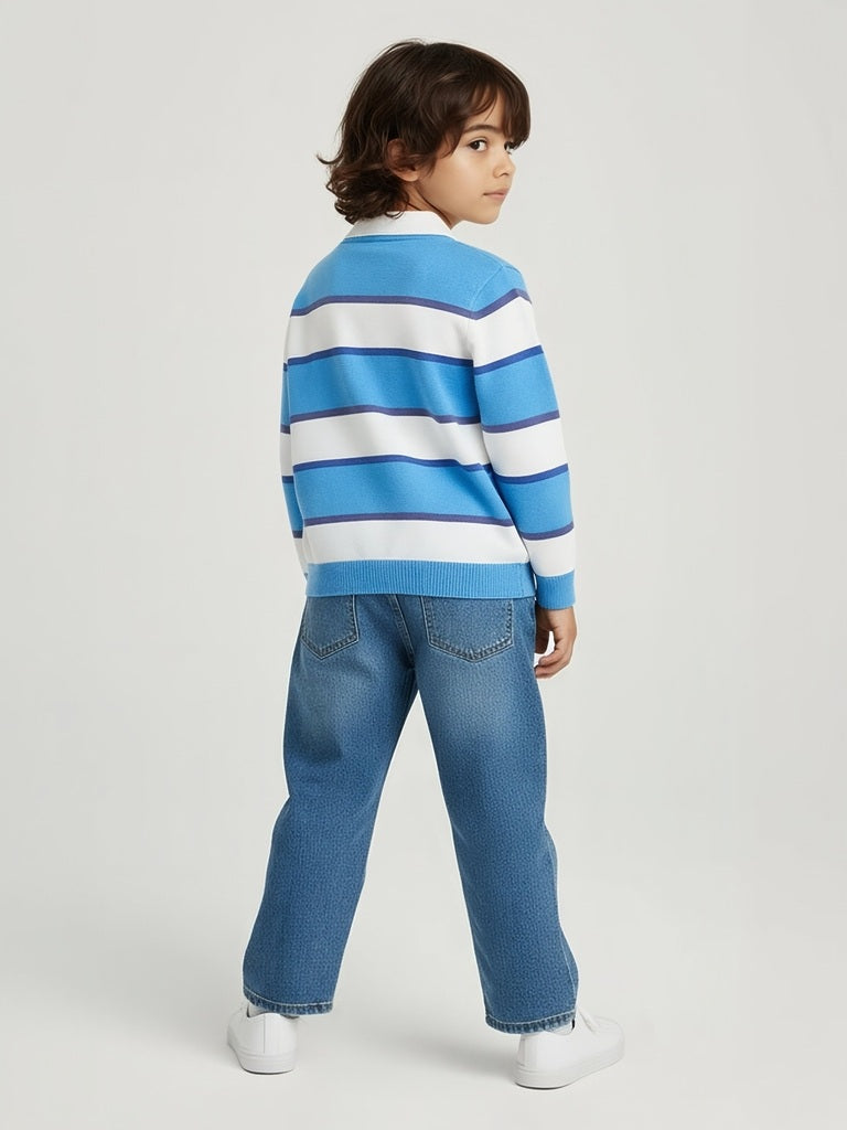 HOP Kids Boys Blue Striped Cotton Polo Sweater