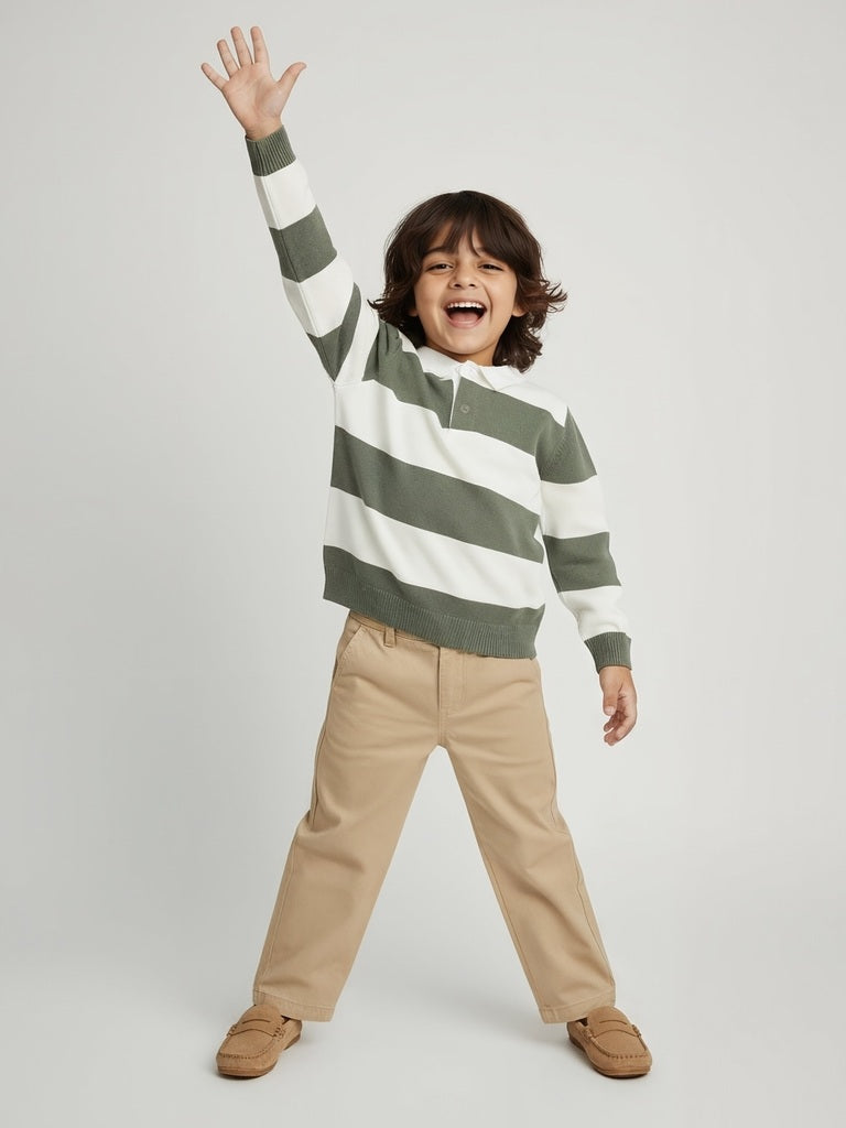 HOP Kids Boys Olive Striped Cotton Polo Sweater