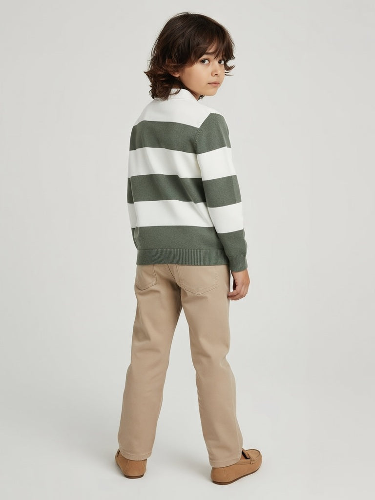 HOP Kids Boys Olive Striped Cotton Polo Sweater