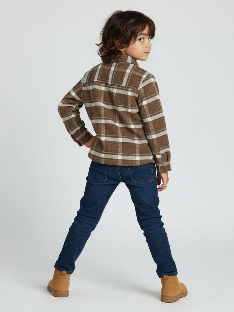 HOP Kids Boys Brown Checked Design Cotton Shacket