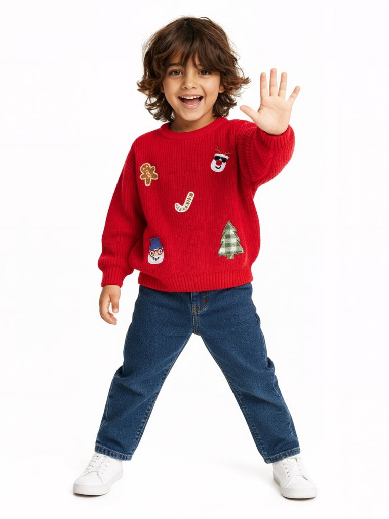 HOP Kids Boys Red Christmas-Themed Cotton Sweater