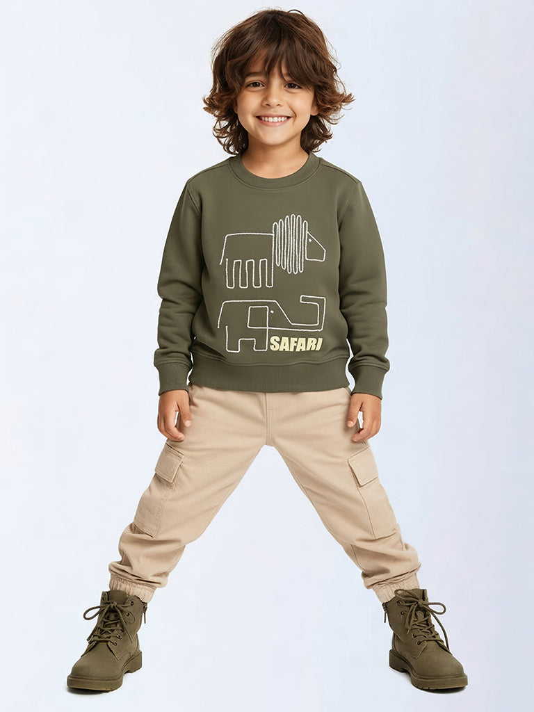 HOP Kids Boys Olive Embroidered Cotton-Blend Sweatshirt