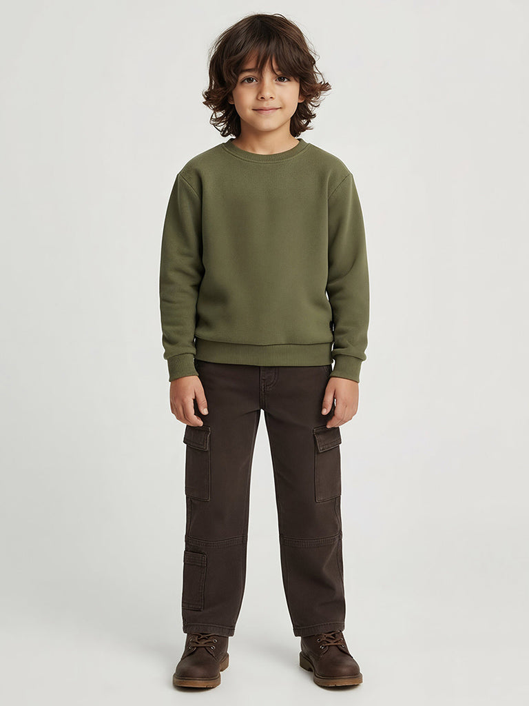 HOP Kids Boys Dark Brown Relaxed-Fit Mid-Rise Cargo Jeans