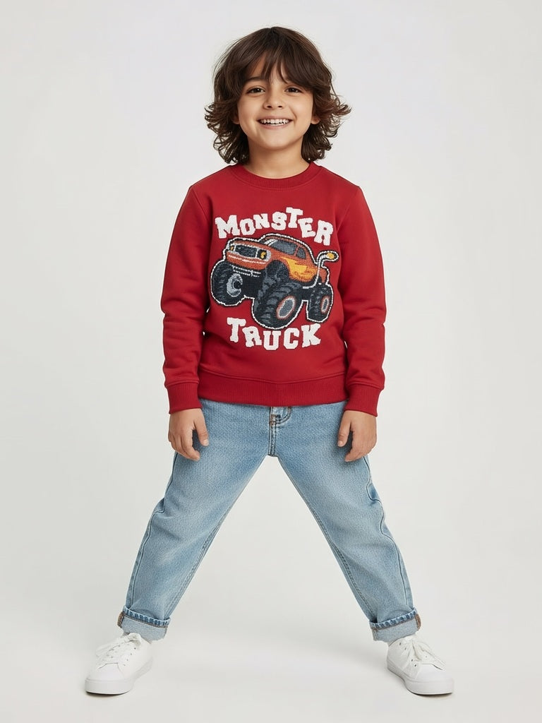 HOP Kids Boys Red Truck Printed Cotton-Blend Sweatshirt