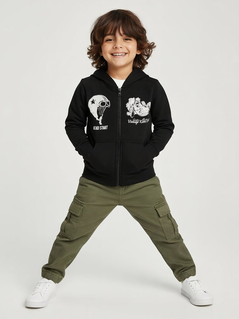 HOP Kids Boys Black Printed Cotton-Blend Hooded Jacket