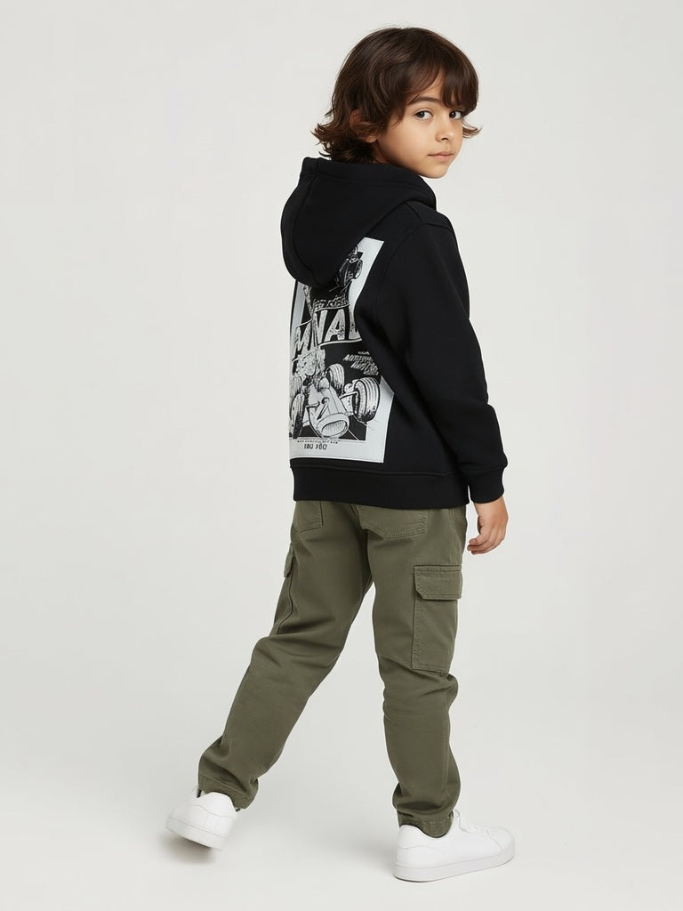 HOP Kids Boys Black Printed Cotton-Blend Hooded Jacket