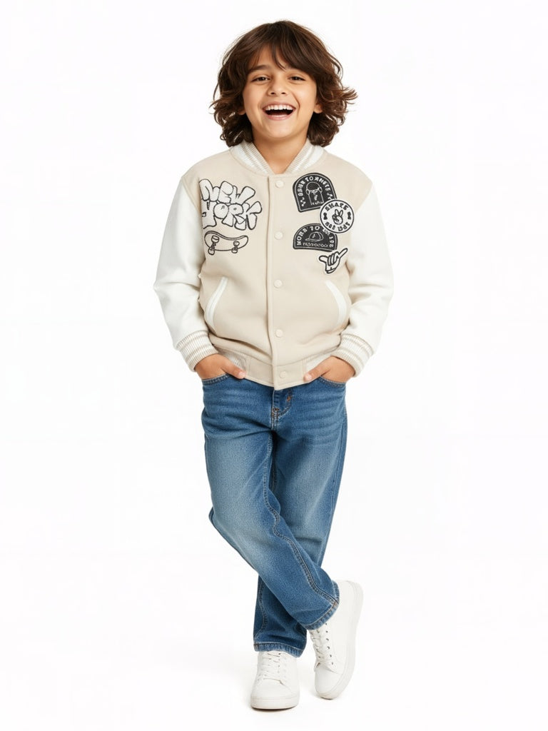 HOP Kids Boys Light Beige Printed Cotton-Blend Varsity Jacket