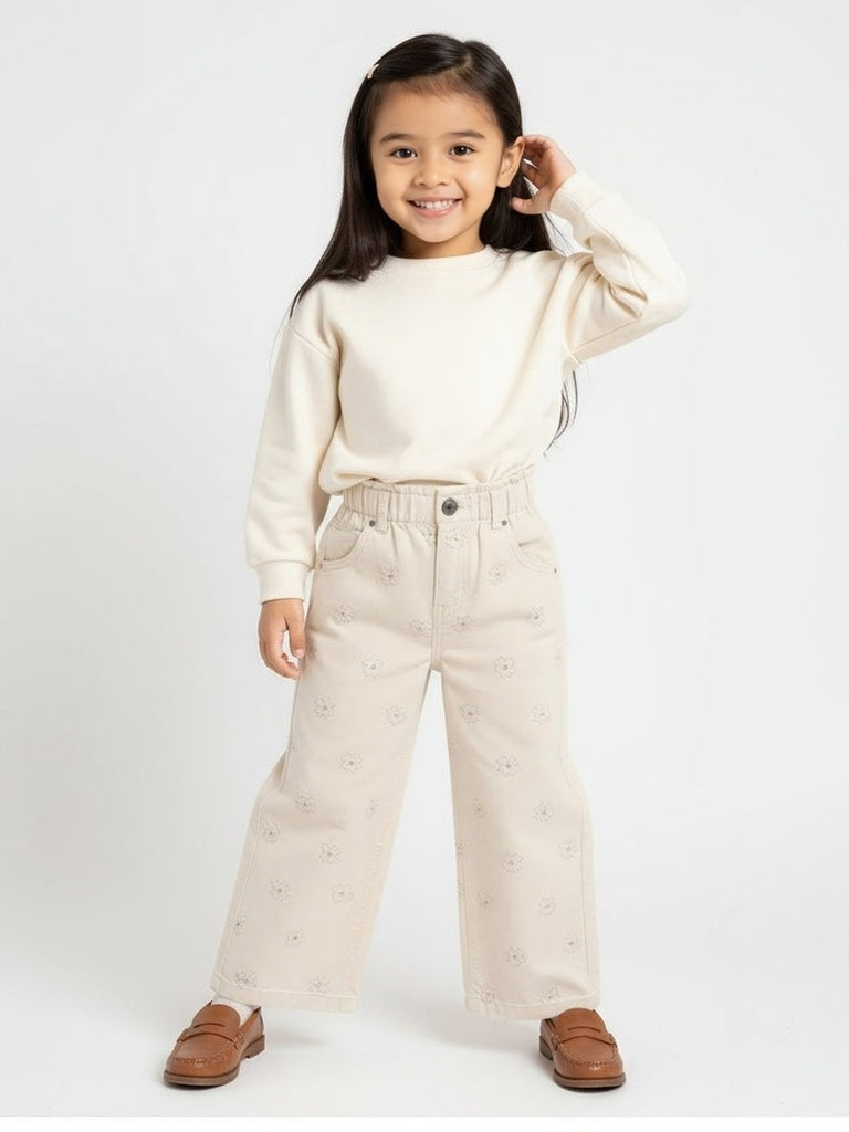 HOP Kids Girls Beige Floral Printed High-Rise Corduroy Trousers