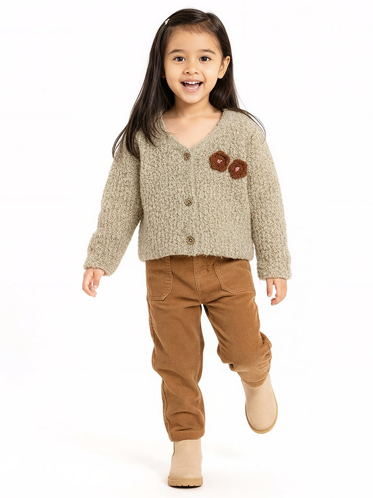 HOP Kids Girls Beige Floral Detailed Fleece Cardigan