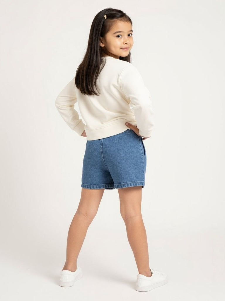 HOP Kids Girls Blue Floral Applique High-Rise Denim Skorts
