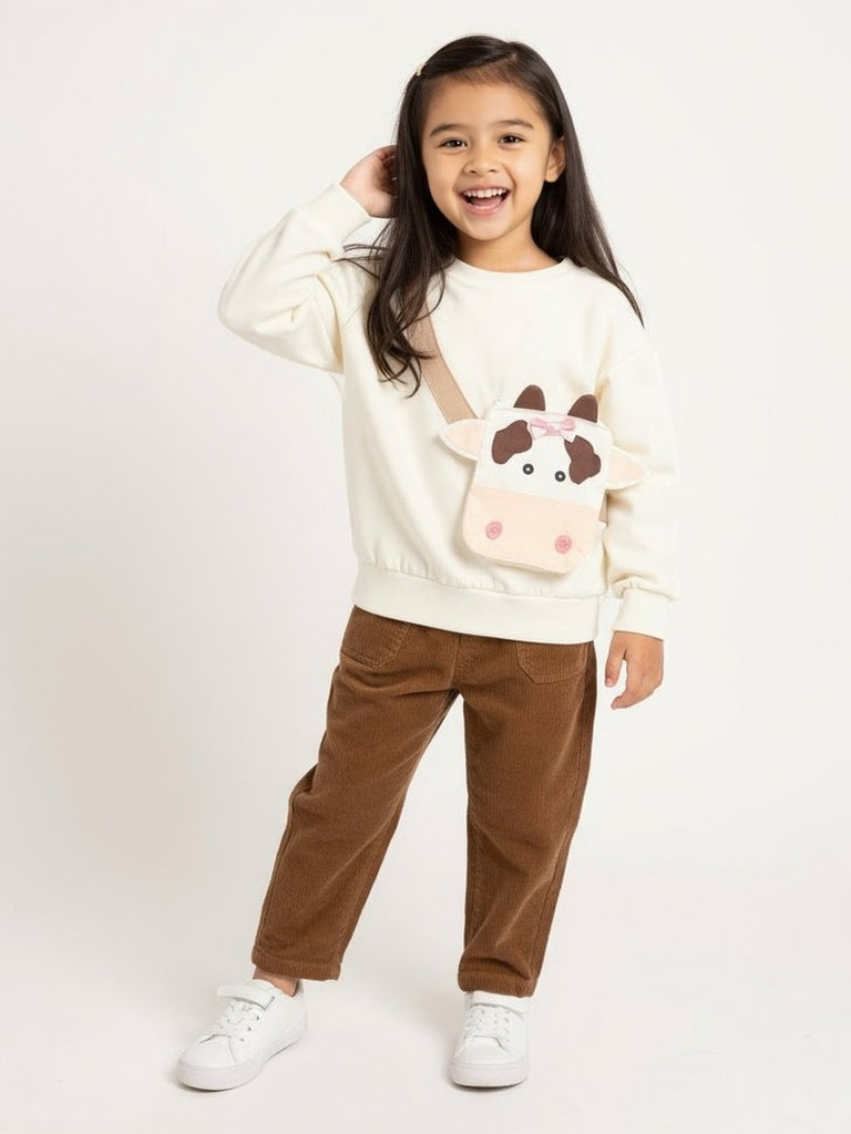 HOP Kids Girls Off-White Animal Design Cotton-Blend Sweatshirt