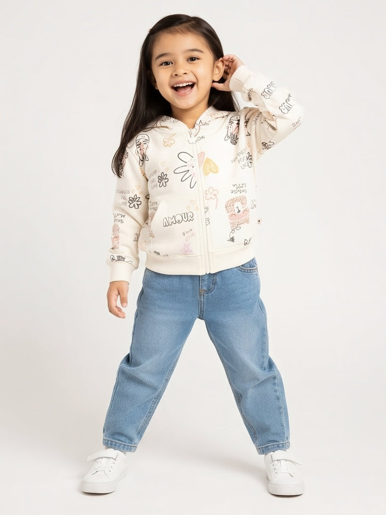 HOP Kids Girls Cream Printed Cotton-Blend Hoodie