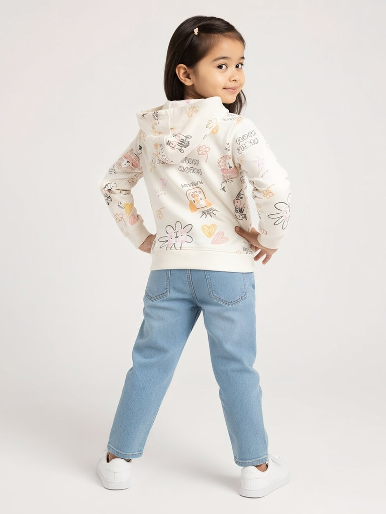 HOP Kids Girls Cream Printed Cotton-Blend Hoodie