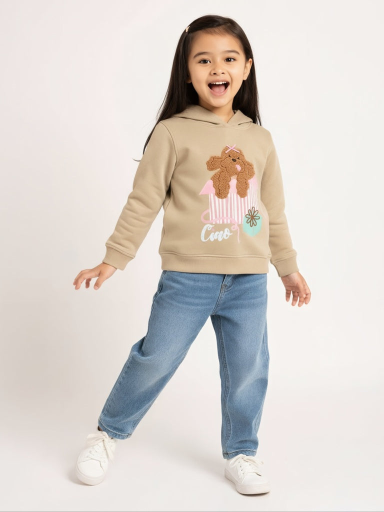 HOP Kids Girls Taupe Printed Cotton-Blend Hoodie