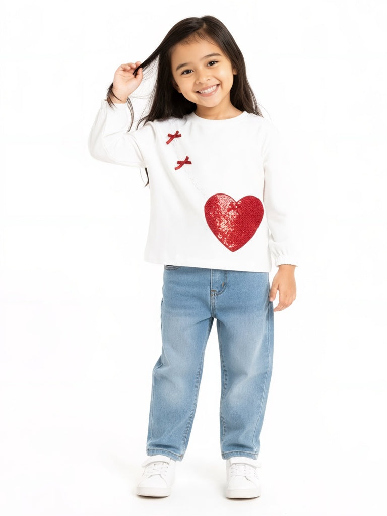 HOP Kids Girls Off-White Heart Embellished Cotton Top
