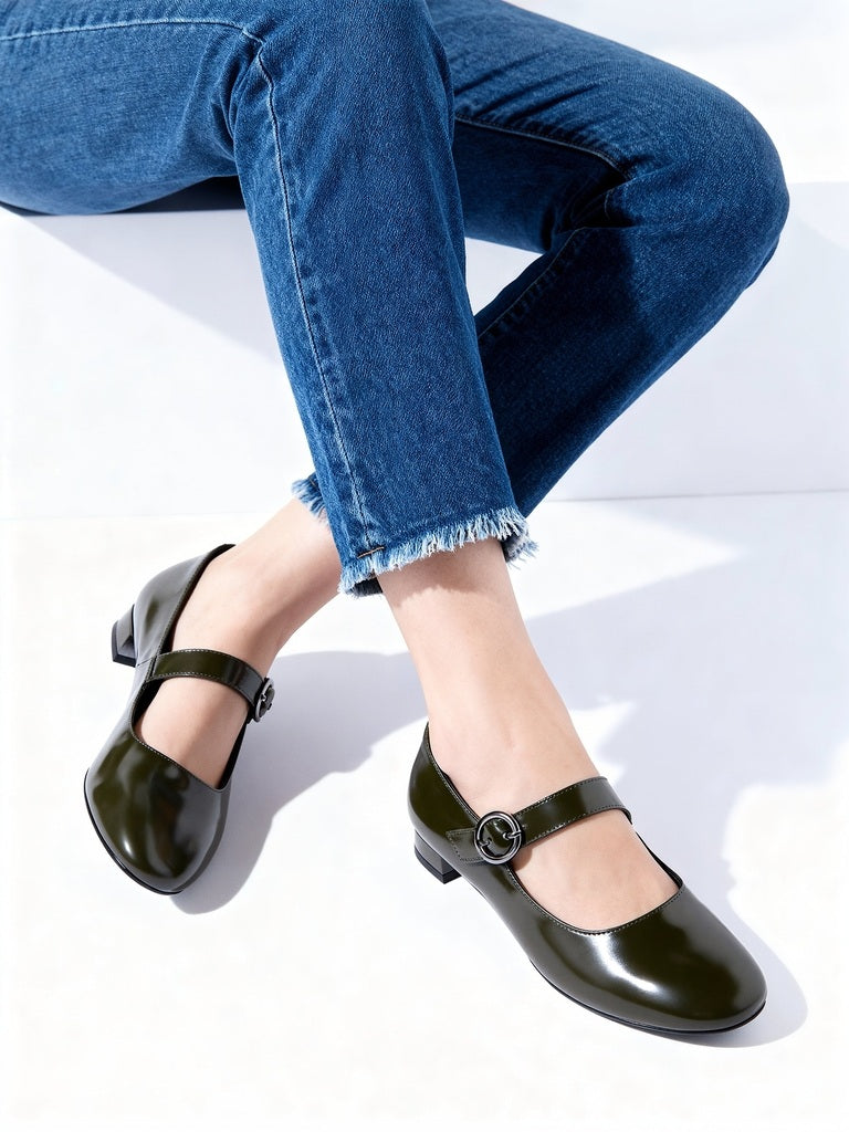 LUNA BLU Olive Block-Heel Mary Jane Shoes