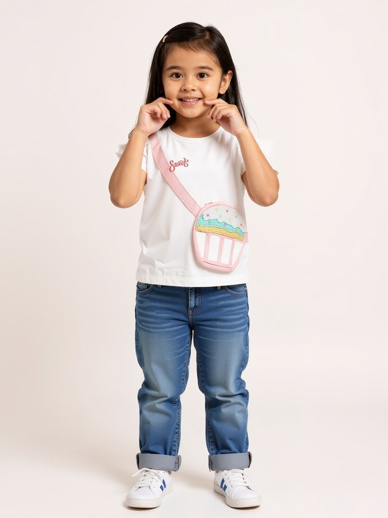 HOP Kids Girls Off-White Pouch-Detailed Cotton Top