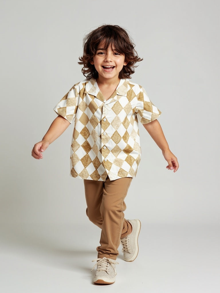 HOP Kids Boys Taupe Geometric Printed Shirt