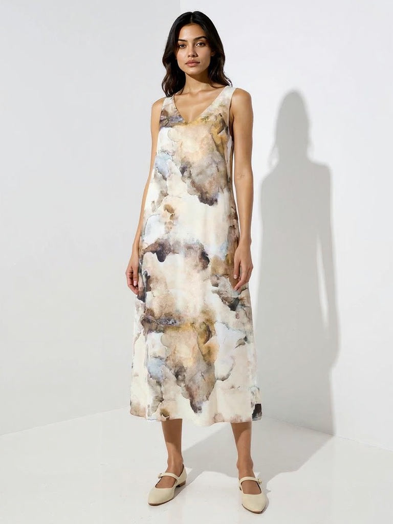 Westside Wardrobe Women's Multicolour Abstract Design A-Line Dress for Work Wear Front View