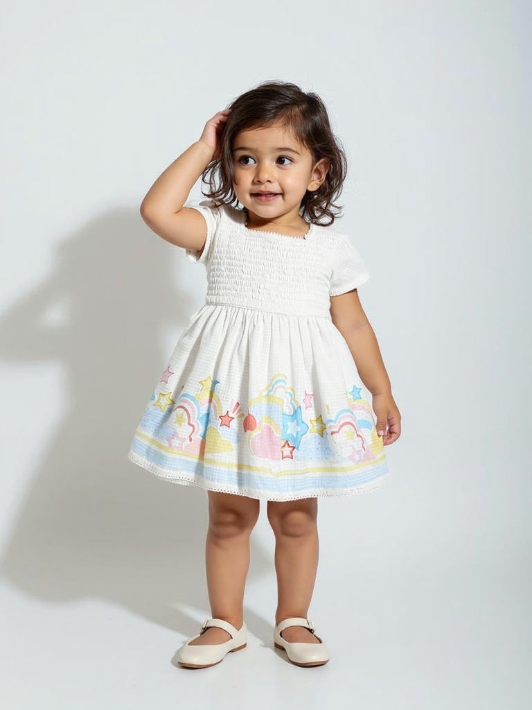 Westside HOP Baby Girl's White Rainbow Detailed Cotton A-Line Dress for Casual Wear Front View