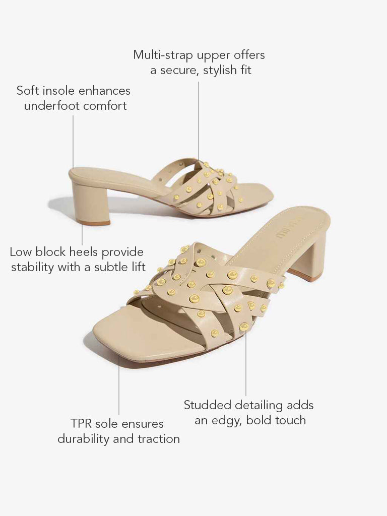 LUNA BLU Beige Stud-Detailed Block-Heel Sandals