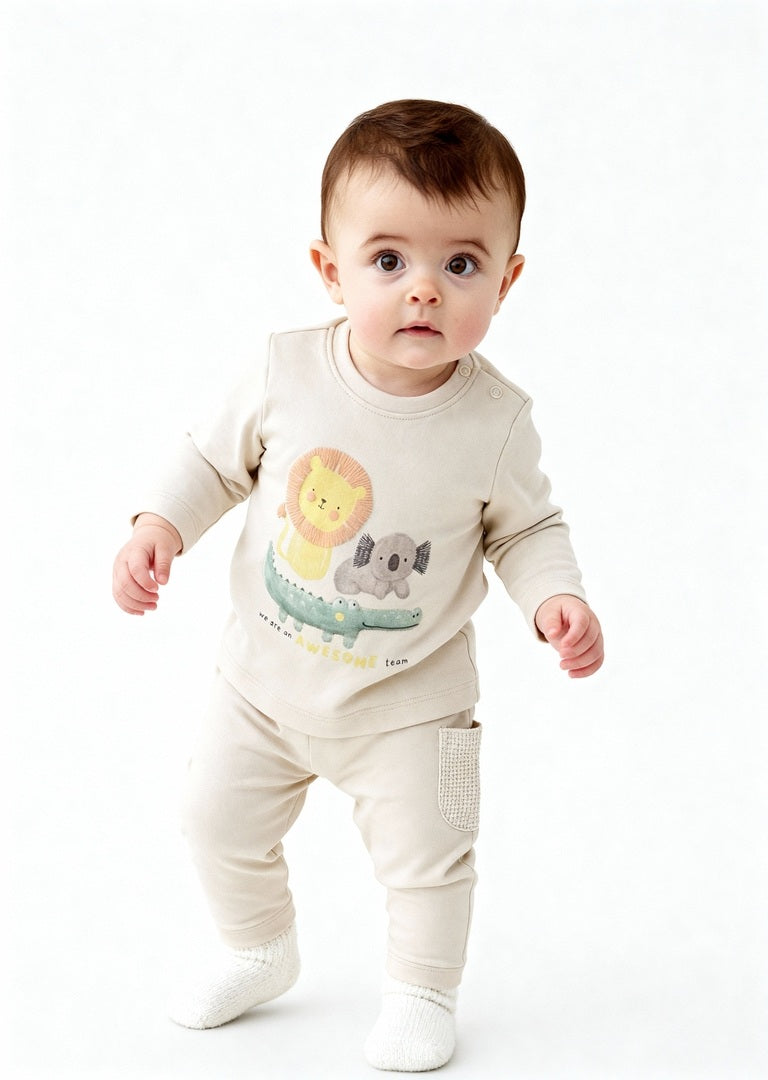 HOP Baby Boys Beige Animal Printed Cotton T-Shirt with Pants Set