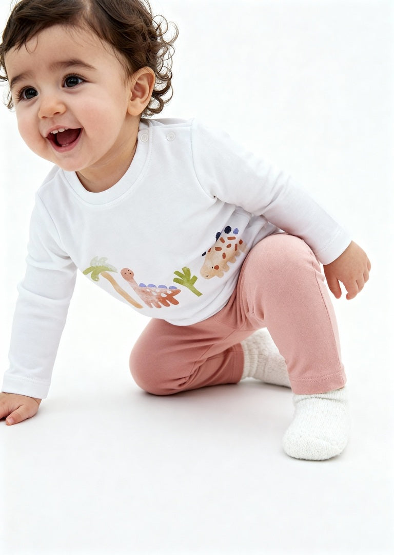 HOP Baby White Dinosaur Design Cotton T-Shirt with Pants Set
