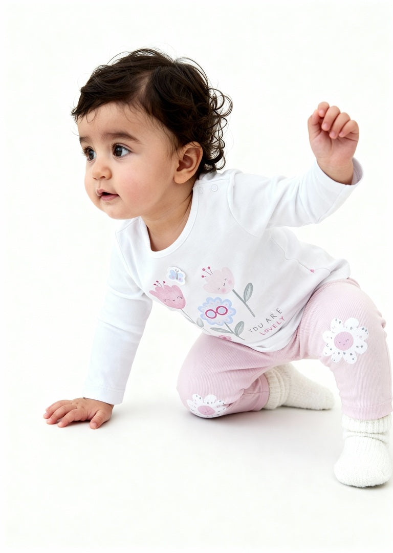 HOP Baby Pink Floral Design Cotton T-Shirt with Pants Set